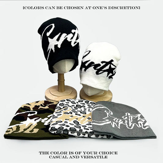 American Street Leopard Print Jacquard Letters Star Knitted Hats Warm Camo Men Women Fashion Personal Versatile Beanies Hip-hop