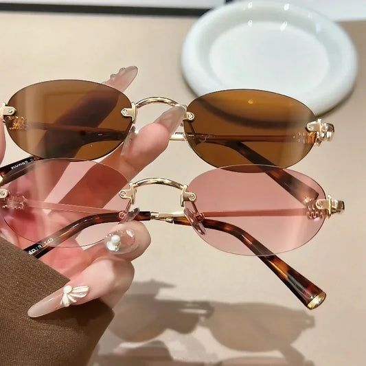 Popular Punk Rimless Sunglasses Oval Fashion Women Men Shades Small Ellipse Sun Glasses for Female Male Party Traveling