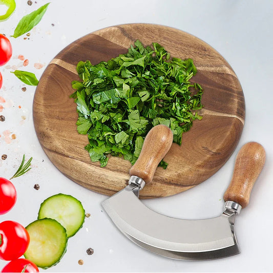Stainless steel double-sided cutter, salad cutter, kitchen knife, herbal knife, wooden curved plate double-sided pizza knife